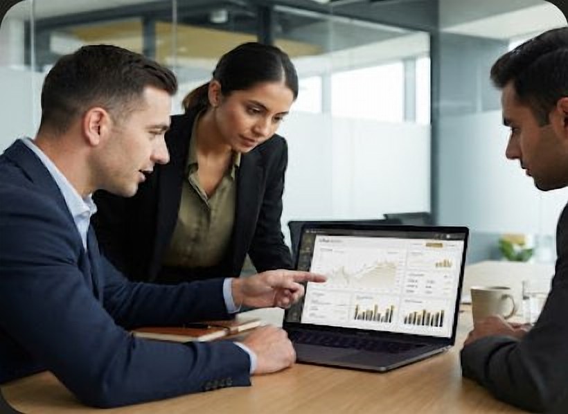 Consultants reviewing figures on a laptop